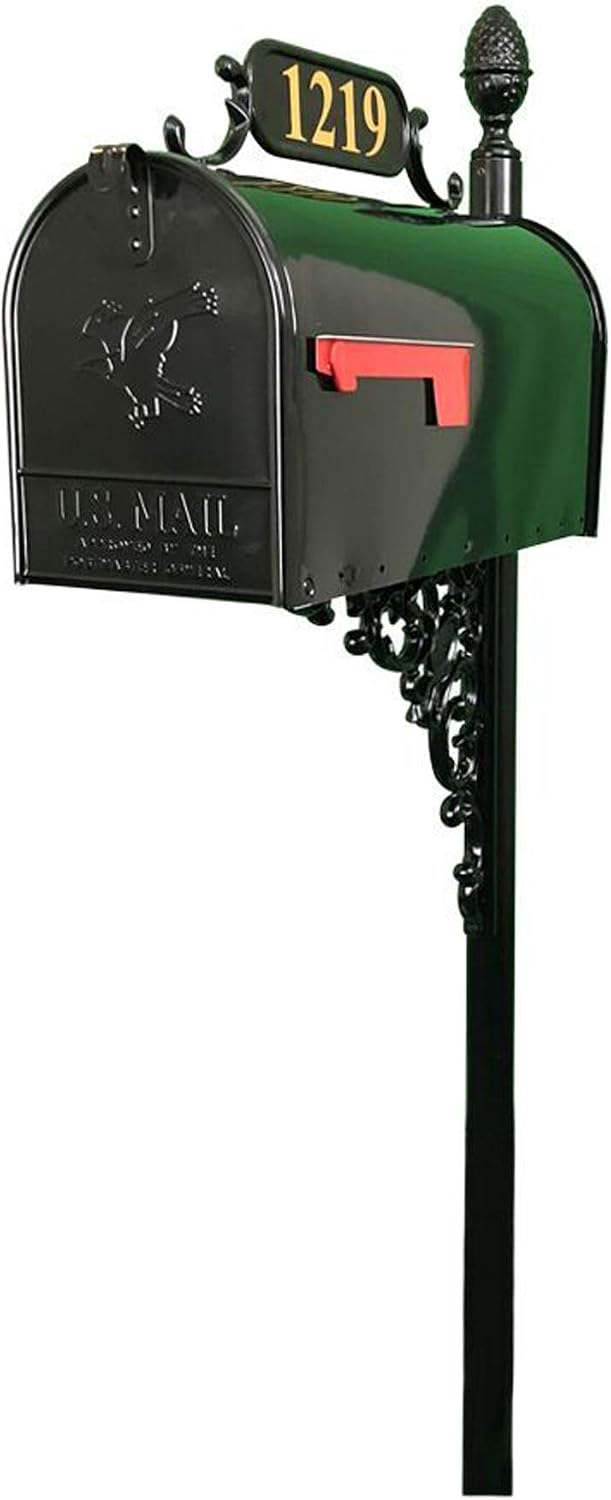 Oak Mailbox & Post Kit – Black Mailbox System – Includes Address Plaque, Bracket & Mounting Hardware – Rust Resistant Metal Mailbox with Decorative Finial