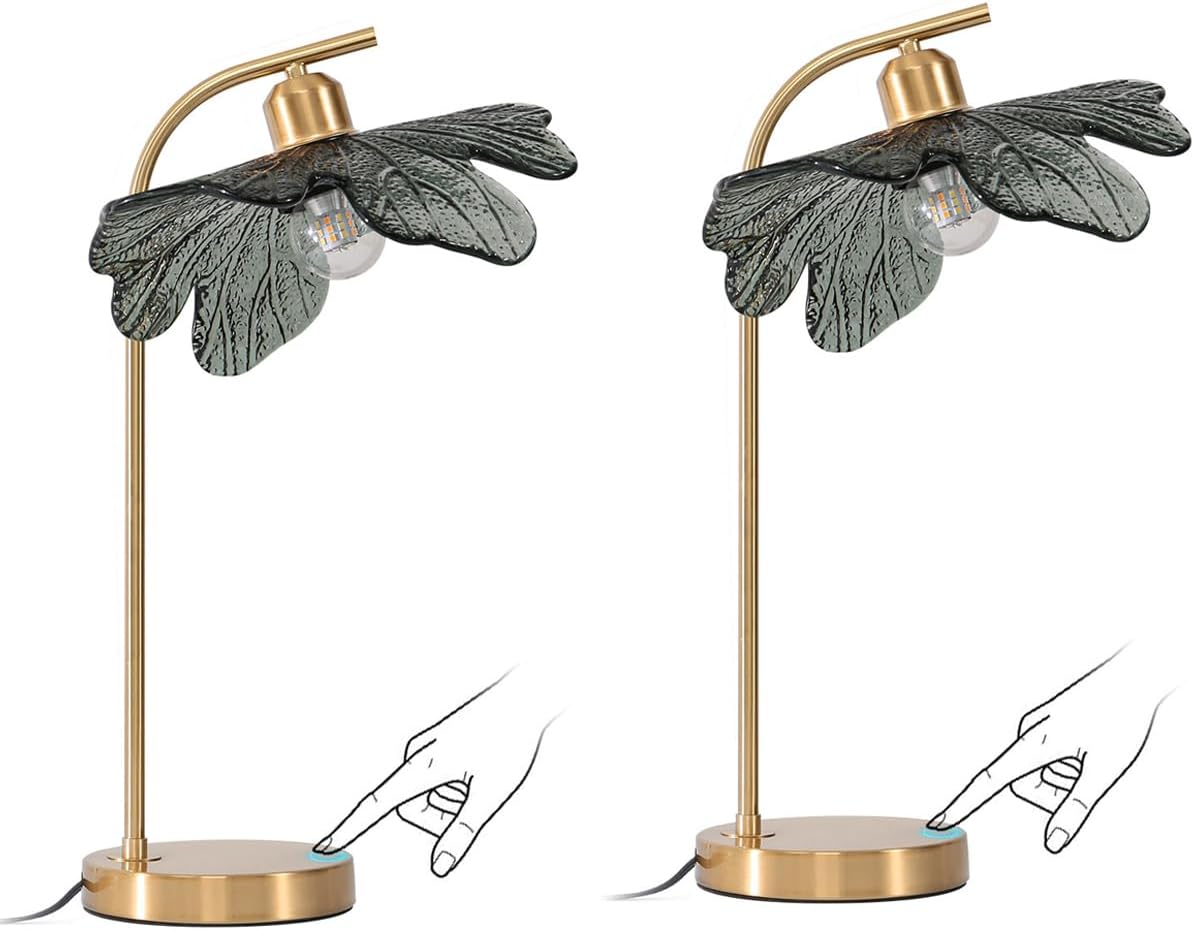 2 Pack Gold Table lamp Mid CenturyTable Lamps with Touch Switch Dark Green Glass Shade nightstand lamp Side Desk lamp Small Table lamp Glass Table Light for end Table Bedroom Farmhouse