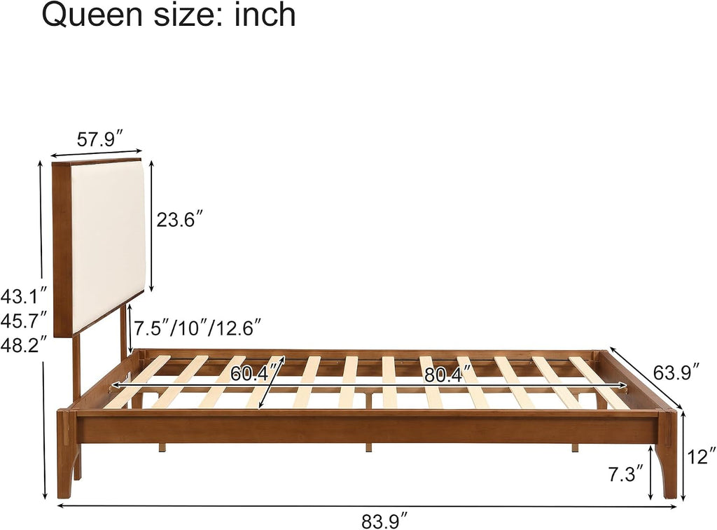 Merax King Size Bamboo Platform Bed, Mid-Century Modern Bed Frame with Upholstered Adjustable Headboard, Wood Slat Support, No Box Spring Needed, Easy Tool-Free Assembly, Brown+Beige