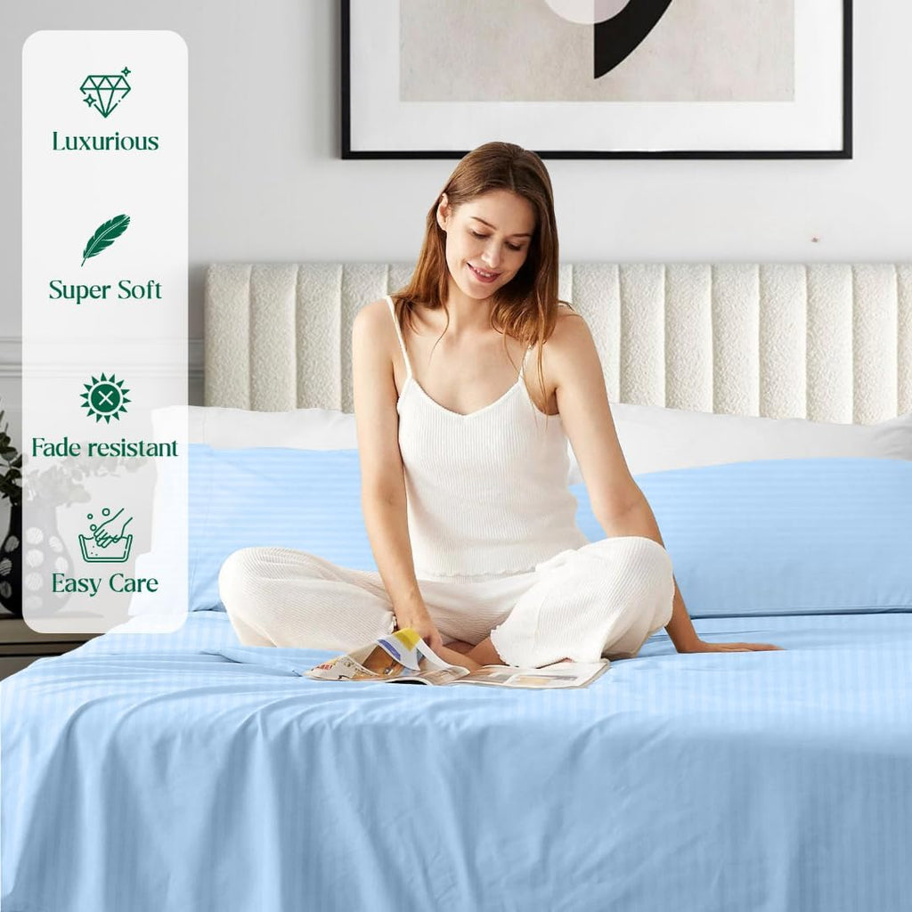 1000 Series- Extra Long Staple 100% Egyptian Cotton Sheet Set,Sateen Weave, Hotel Quality Soft Luxury Bedding, Queen Size 4 Piece Sheet Set Fit 15' Inch to 18' Deep Stripe Light Blue
