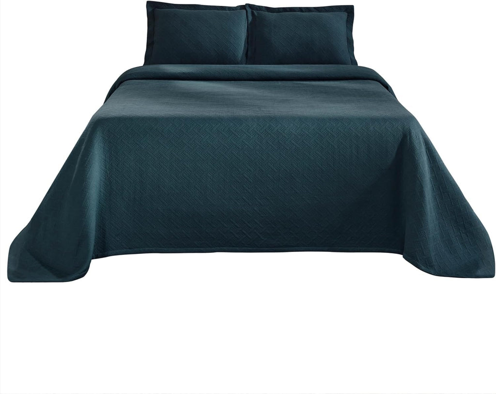 Superior 3 Piece Basketweave Cotton Bedspread Set, Home Bed Decor, Decorative Bed Spread, 2 Pillow Shams, Medium Weight Blanket, Matelasse Coverlet Bedding, Geometric Lattice Pattern, Queen, Deep Sea