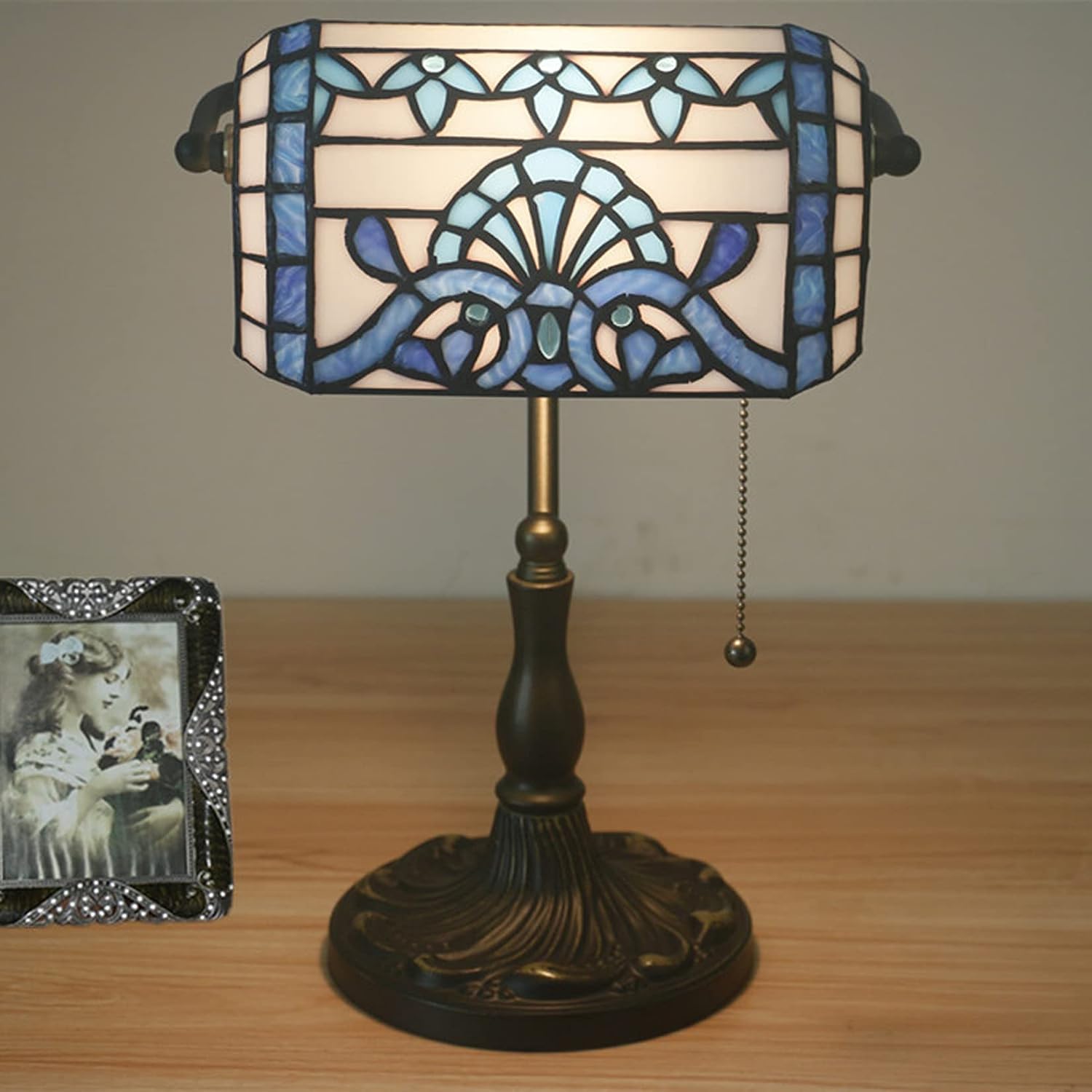 Tiffany Style Bankers Table Lamp Stained Glass Piano Desk Lamp Vintage Bedroom Bedside Lamp for Study,Antique Alloy Base,Zipper Switch,Blue Baroque