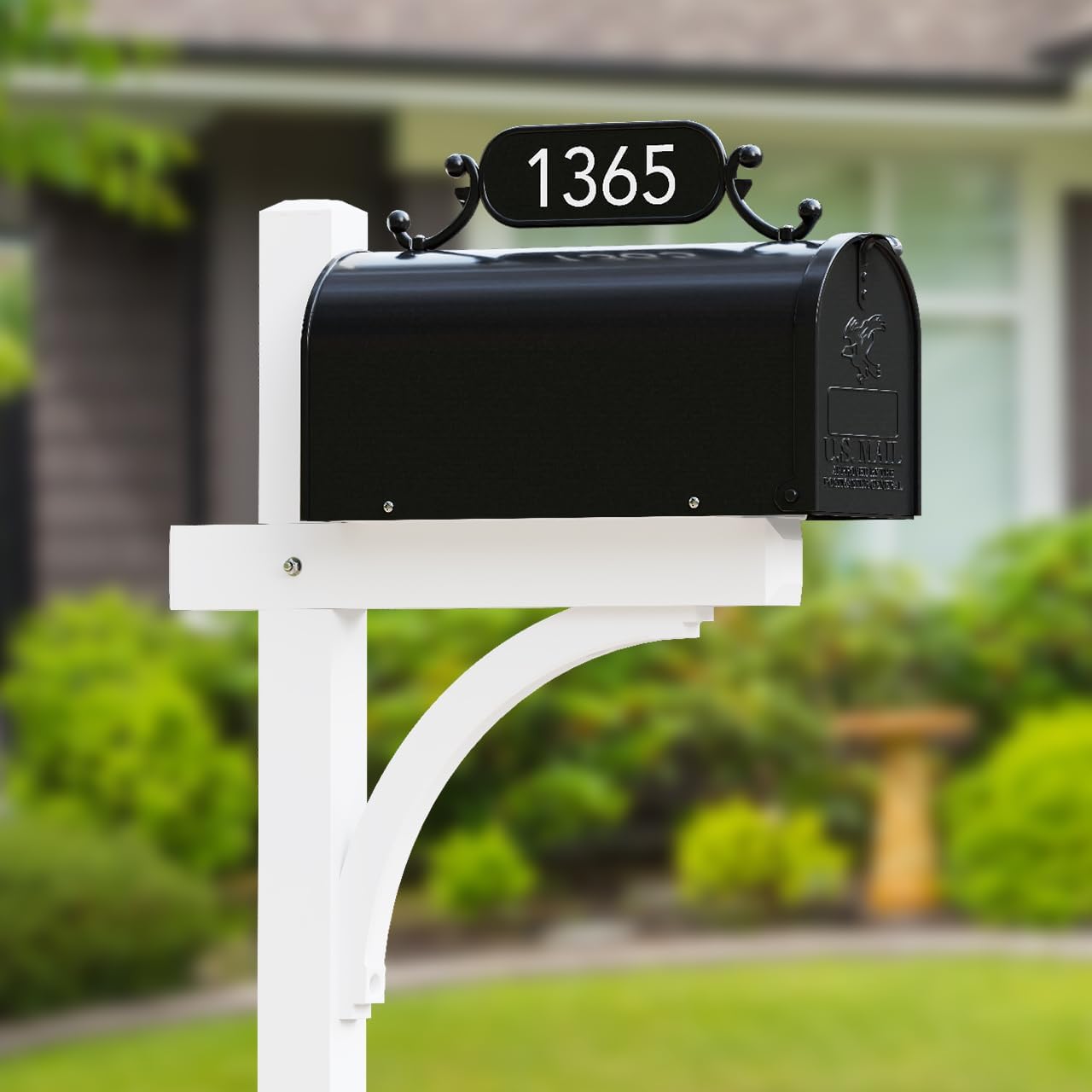 The Glenbrook Deluxe Mailbox and Post - Personalized Complete System with Custom Street Address Plate, Steel Mailbox, and Aluminum Post Included (Black with White Post)