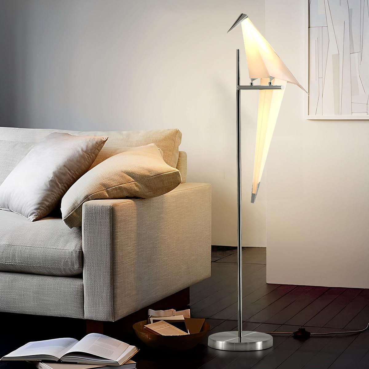 62-Inch Modern LED Bird Floor Lamp for Living Room, Modern Silver Standing Lamp with Bird Shade Floor Light Metal Fixtures for Bedroom Office