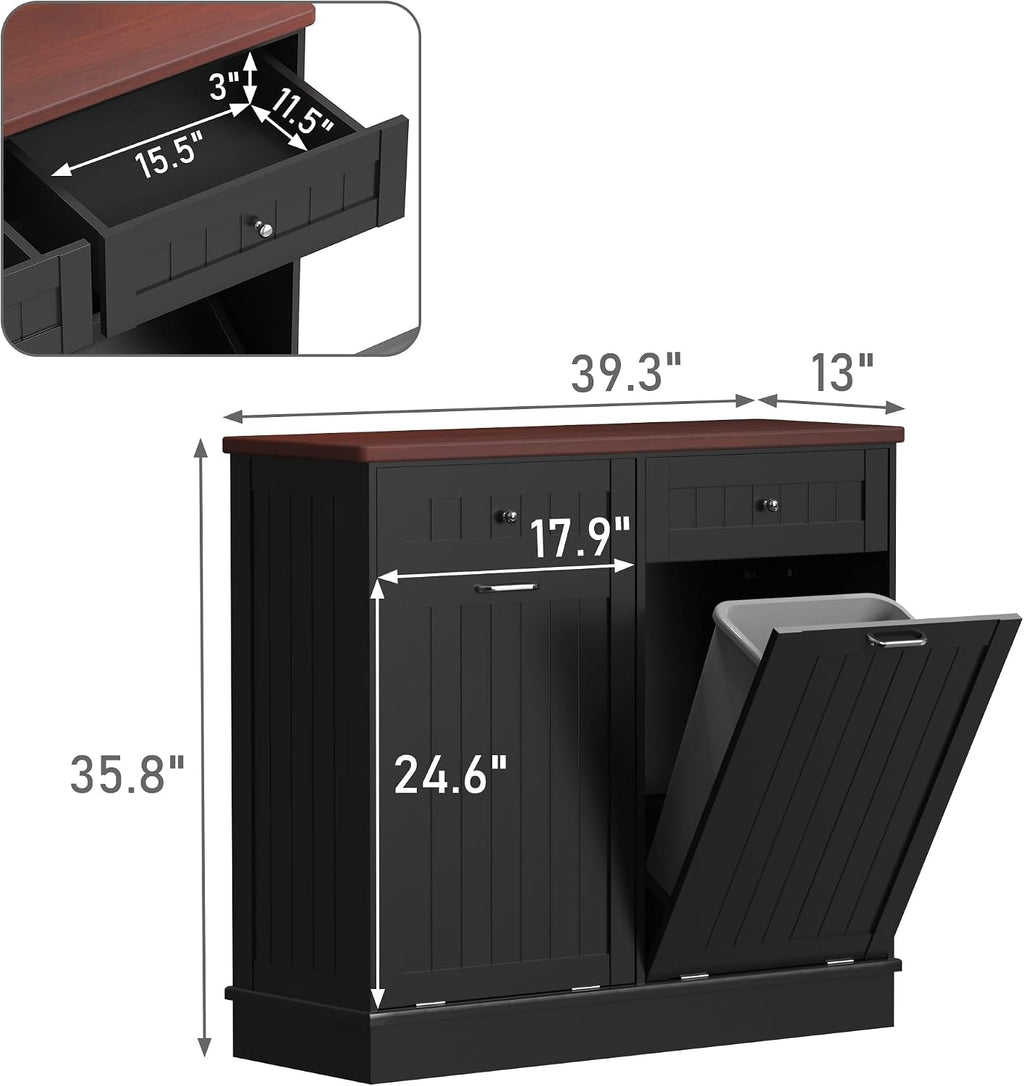 TOLEAD Tilt Out Trash Cabinet,Antique-Style Beadboard Kitchen Island with Solid Wood Tabletop & Drawer, Pet Proof Trash Can, Wood Laundry Cabinet (Black, Double Door)
