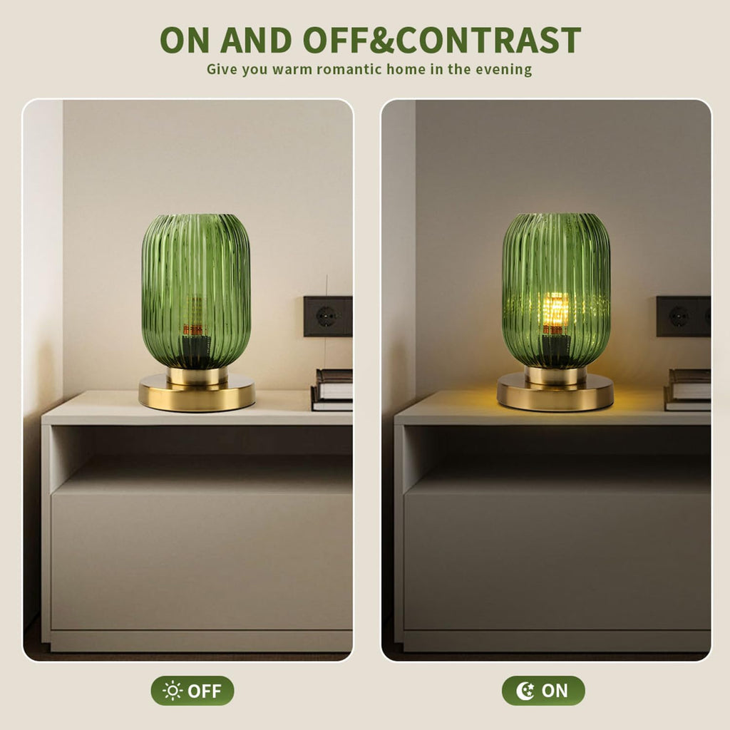 Glass Table Lamp of 2 Mid Century Table Lamps Modern Globe Table lamp Vintage Gold Desk Lamp Nightstand Lamp with Green Ribbed Design Shade for Bedside Bedroom Living Room Offic