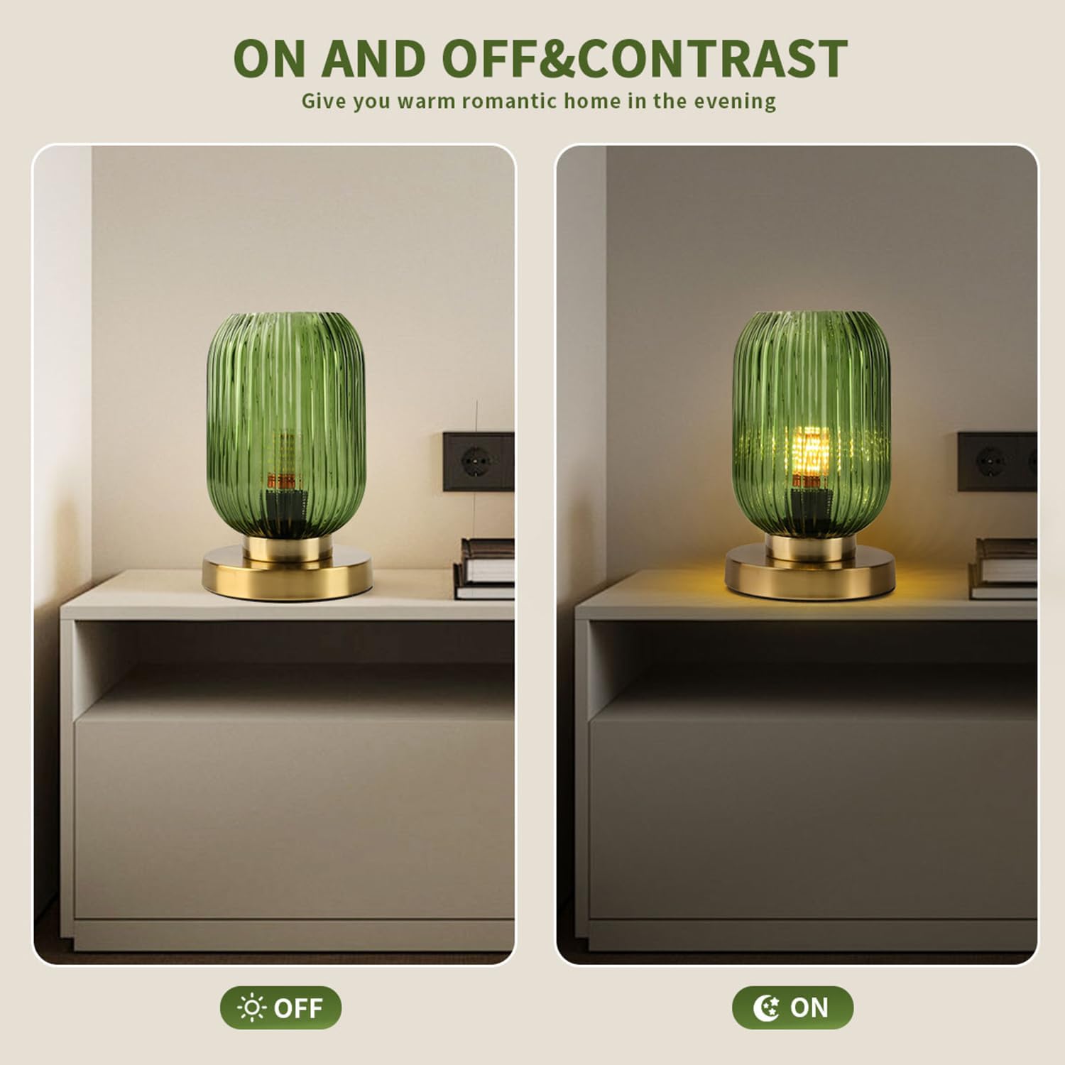 Glass Table Lamp of 2 Mid Century Table Lamps Modern Globe Table lamp Vintage Gold Desk Lamp Nightstand Lamp with Green Ribbed Design Shade for Bedside Bedroom Living Room Offic