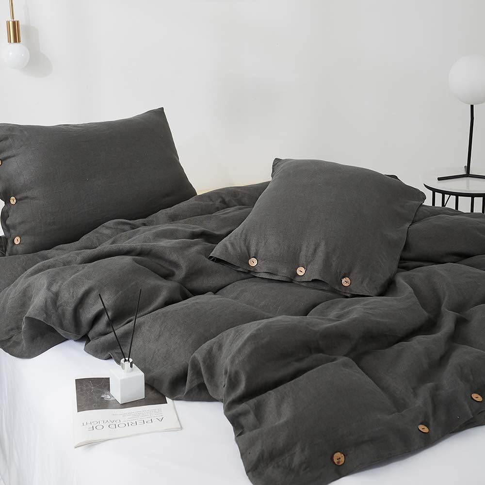Simple&Opulence 100% Linen Duvet Cover Set 3pcs with Coconut Button Closure Natural French Washed Flax Solid Color Soft Breathable Farmhouse Bedding - Dark Grey, Queen Size