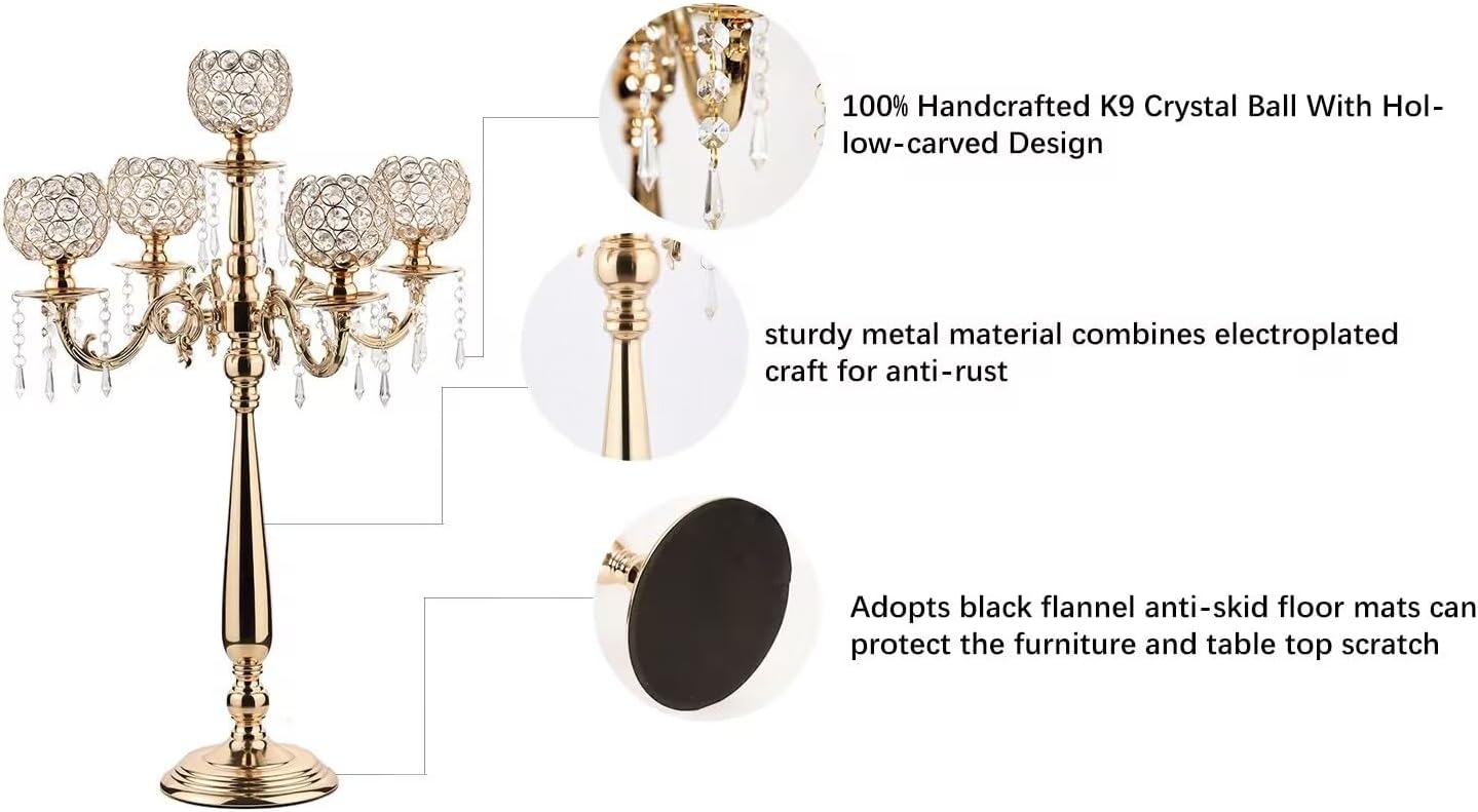 4 Packs 5 Arms Crystal Candelabra for Wedding Centerpiece, Gold Floor Candle Holder Set with Chandelier Crystal Beaded Anniversary Dinner Party Table Decor candelabros de mesa Elegantes Palace Themed