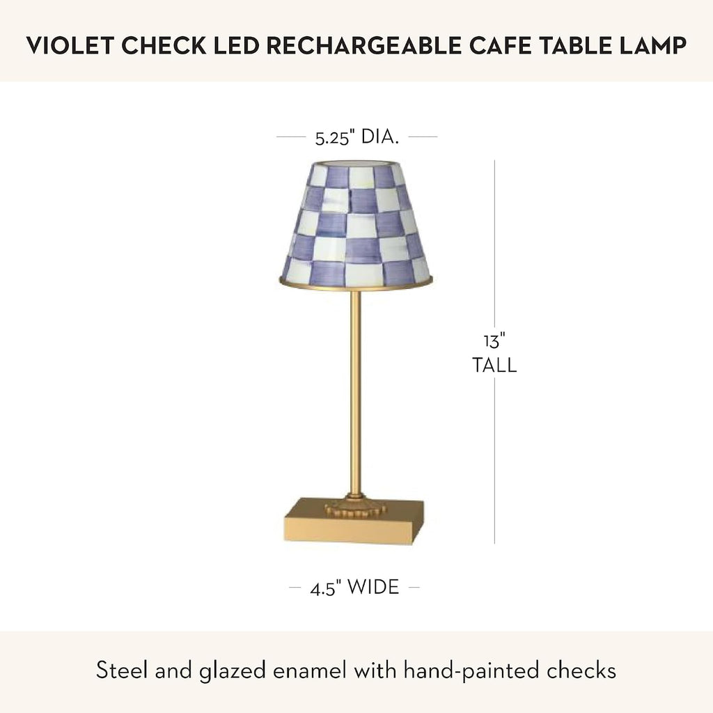 MACKENZIE-CHILDS LED Rechargeable Cafe Table Lamp, Cordless Decorative Lamp, Purple-and-White Violet Check
