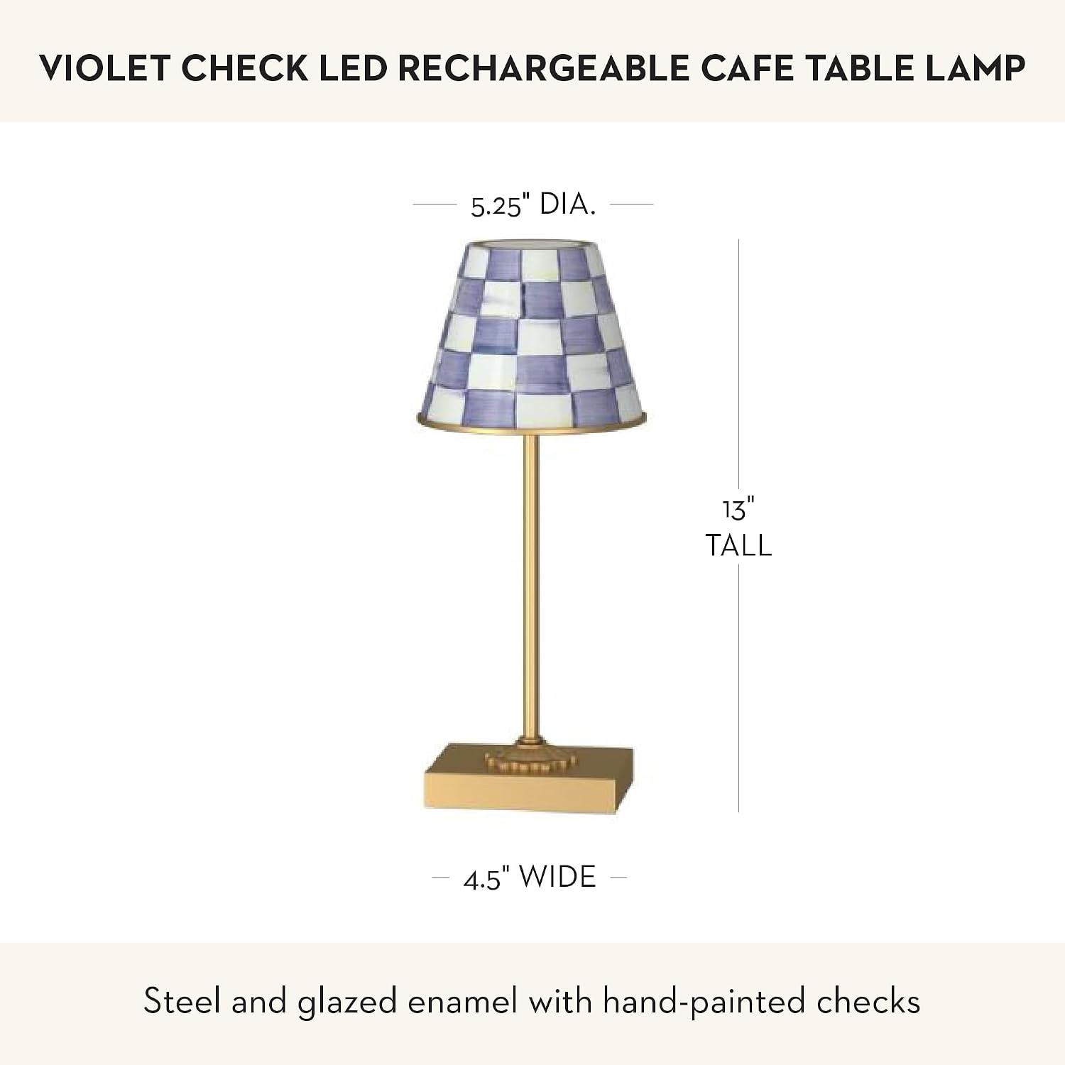 MACKENZIE-CHILDS LED Rechargeable Cafe Table Lamp, Cordless Decorative Lamp, Purple-and-White Violet Check