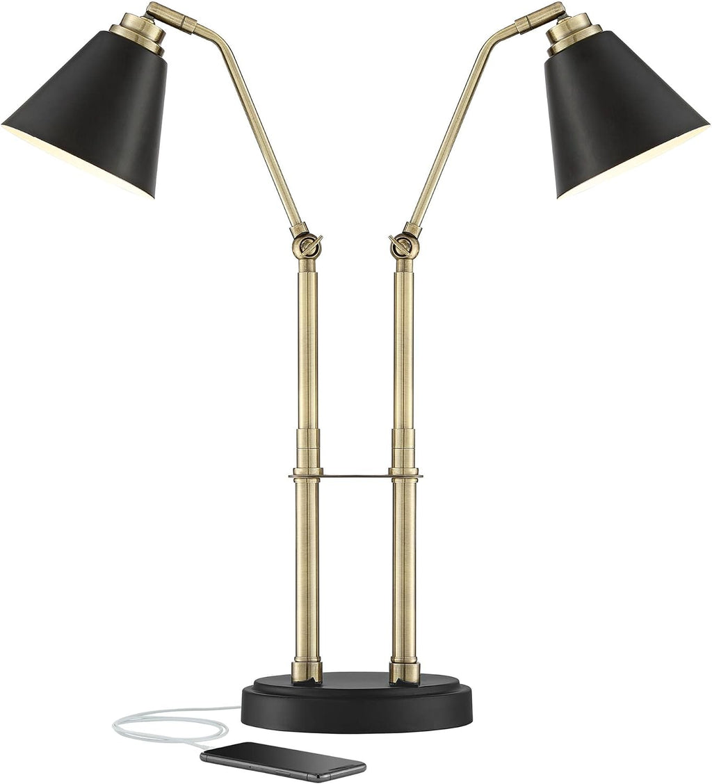 Possini Euro Design Sentry 23' High Mid Century Modern Desk Lamp with USB Charging Ports A+C Black Brass Gold Metal LED Adjustable Cone Shade for Living Room Bedroom House Bedside Nightstand Office