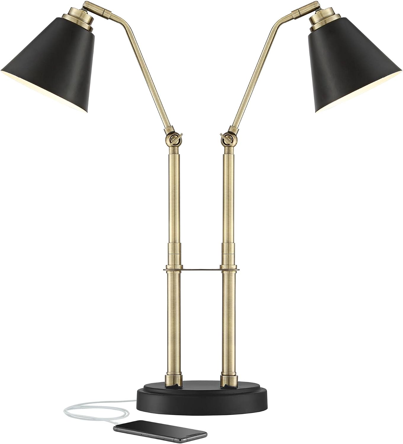 Possini Euro Design Sentry 23' High Mid Century Modern Desk Lamp with USB Charging Ports A+C Black Brass Gold Metal LED Adjustable Cone Shade for Living Room Bedroom House Bedside Nightstand Office