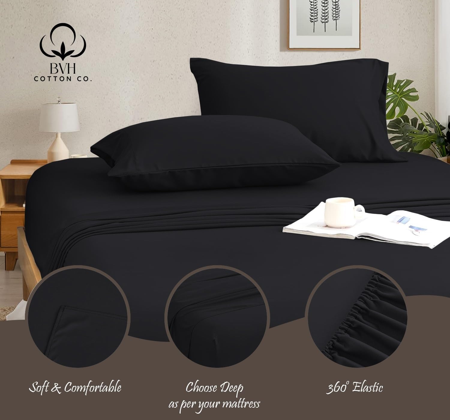 Egyptian Cotton Queen Size Sheet Set, 4Pc Bed Set, Soft & Breathable Percale Weave, Fits 10-12' Deep Pocket, Hotel-Quality 1000 Series Bed Sheets (Solid, Black)