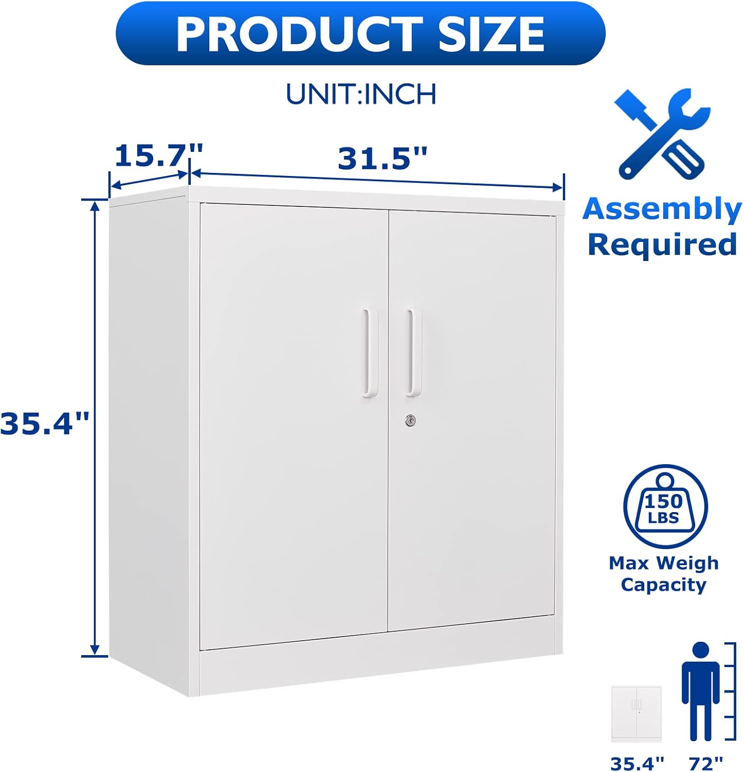 Metal Storage Cabinets with Locking Doors, 36 inch Lockable Steel Office Cabinet with Adjustable Shelves, Small Short Garage Caninet, White Locked Tool Caninets for Home, Office, Garage, Hallway