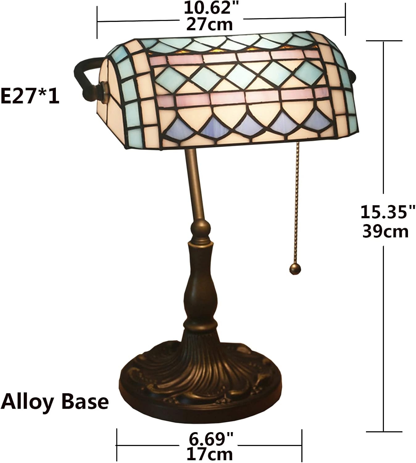 Tiffany Style Bankers Table Lamp Stained Glass Piano Desk Lamp Vintage Bedroom Bedside Lamp for Study,Antique Alloy Base,Zipper Switch,Blue Mediterranean