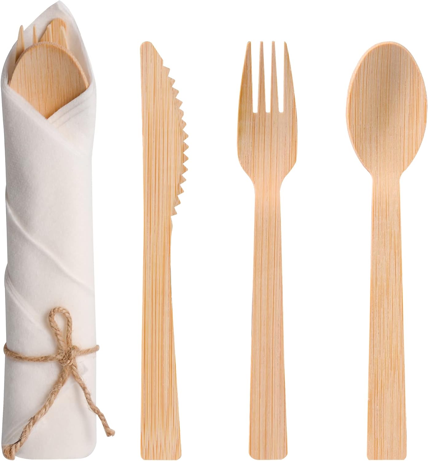 Pre Rolled Napkin and Bamboo Cutlery Set - 300Pack Bamboo Utensils/Compostable Cutlery(300 Forks, 300 Knives, 300 Spoons, 300 Napkins), Biodegradable Wrapped Cutlery for Party, Wedding, Events