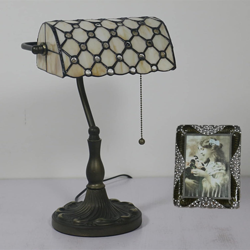 Tiffany Style Bankers Table Lamp Stained Glass Piano Desk Lamp Vintage Bedroom Bedside Lamp for Study,Antique Alloy Base,Zipper Switch,Beige