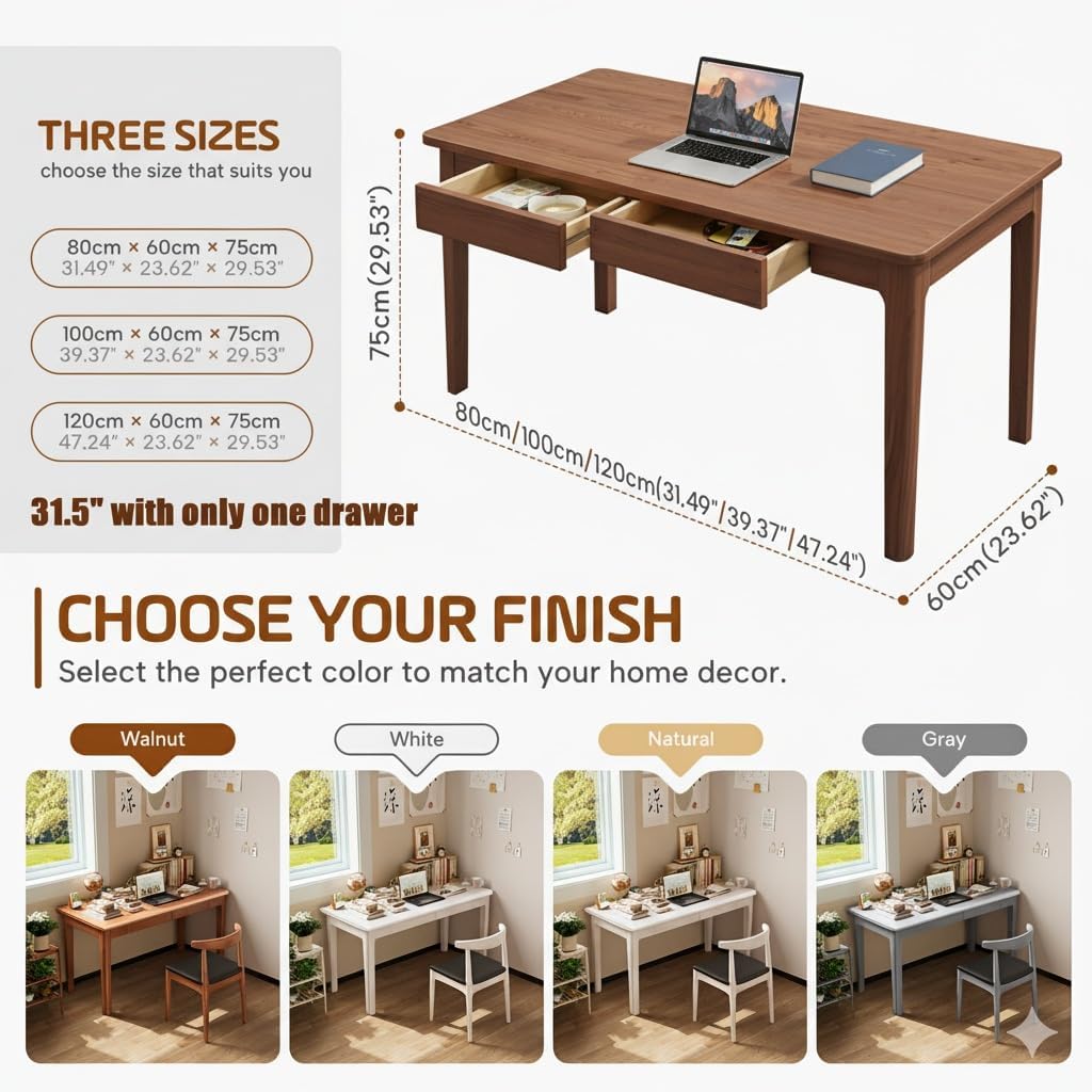 Mid Century Modern Desk with Drawers,31.5 inch Solid Wood Writing Desk for Home Office Bedroom,Small Computer Desk for Spaces Easy Assembly Walnut