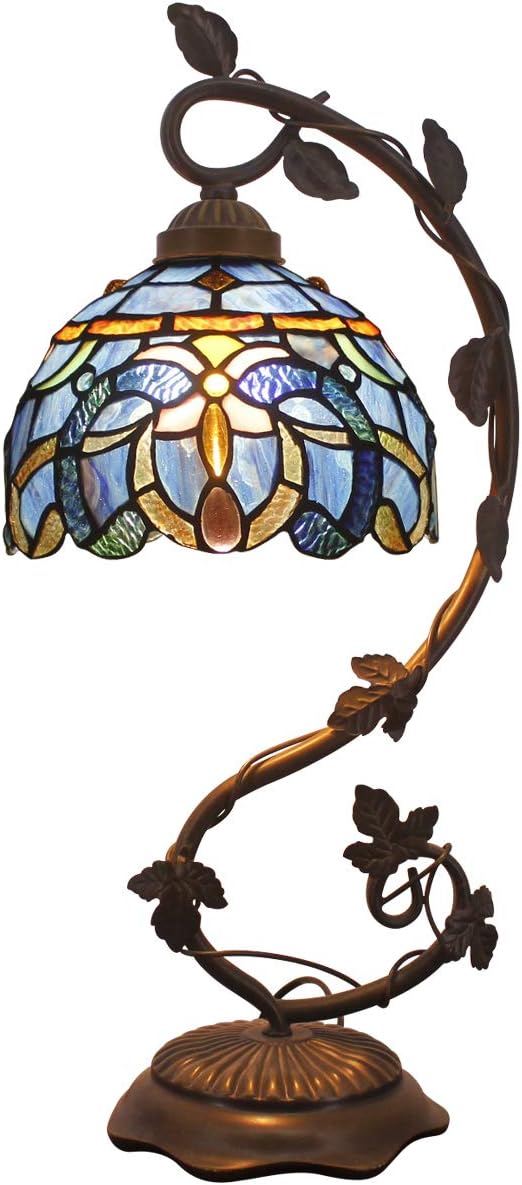 WERFACTORY Tiffany Lamp Cloudy Blue Stained Glass Table Lamp, Metal Leaf Base 8X10X21 Inches Reading Desk Light Decor Small Space Bedside Bedroom Home Office S558 Series