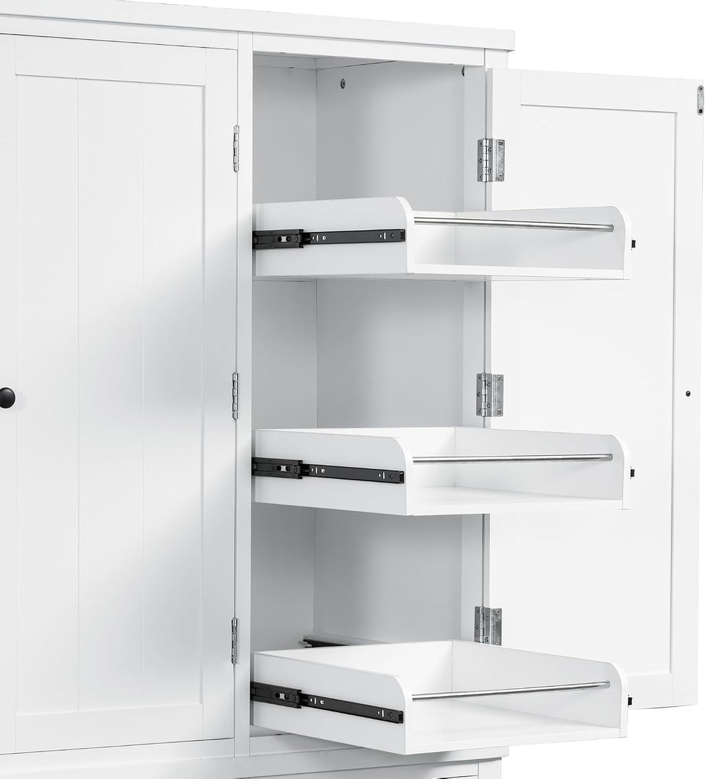 Farmhouse 74.8''H High Freestanding Kitchen Pantry, 53''Lx20''W Wooden Large Cupboard Storage Cabinet with Door Shelves, Adjustable Shelves, Pull-Out Trays and Drawers (White-6ds)