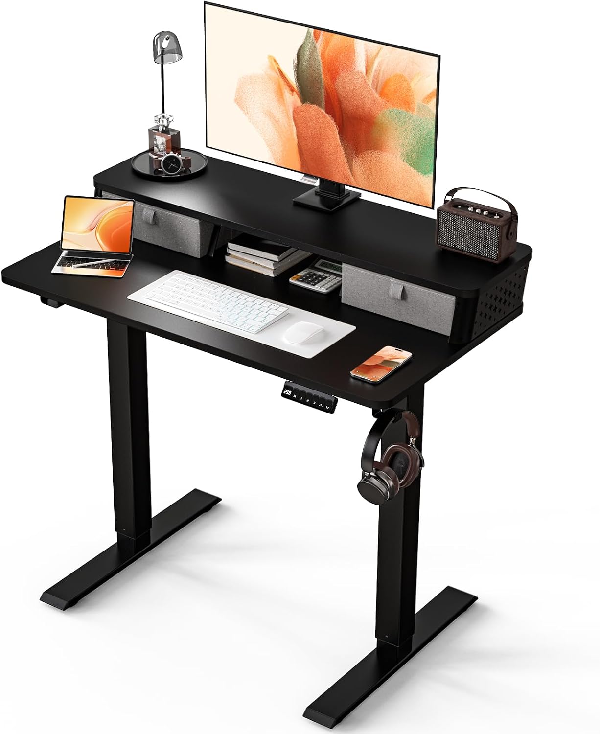 Kingant 35 x 20 Inch Small Electric Standing Desk with Dual Drawers, Height Adjustable Sit to Stand Computer Desk with Storage Shelf and C-Clamp Mount Compatibility for Home Office, Black