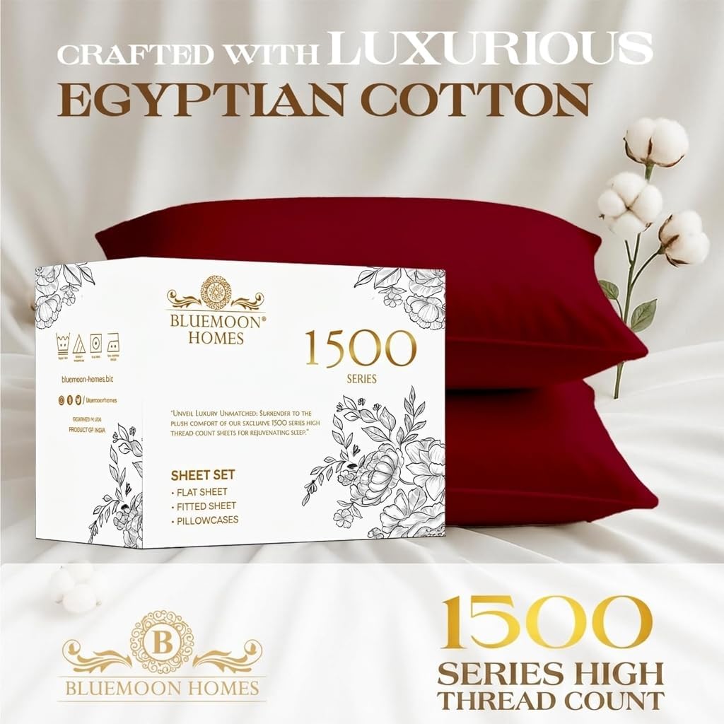 Bluemoon Homes Egyptian Cotton Sheets Luxury 1500 Series, Soft 100% Cotton Sheets for Queen Size Bed, 5-Star Hotel Quality, 4 Pc Queen Bed Sheet Set with Elasticized Deep Pocket - Burgundy Sheet