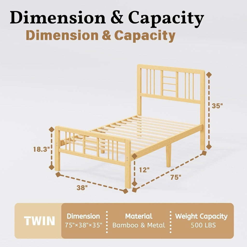12 Inch Bamboo Wood Twin Size Platform Bed Frame with Headboard and Footboard, Metal Slat Support Bed Frame Twin Heavy Duty, No Box Spring Needed, Easy Assembly, Noise Free, Reinforced