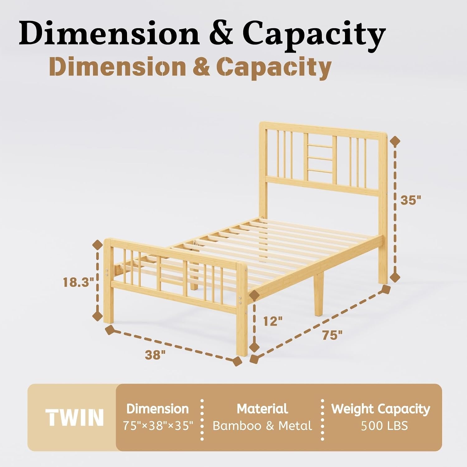 12 Inch Bamboo Wood Twin Size Platform Bed Frame with Headboard and Footboard, Metal Slat Support Bed Frame Twin Heavy Duty, No Box Spring Needed, Easy Assembly, Noise Free, Reinforced