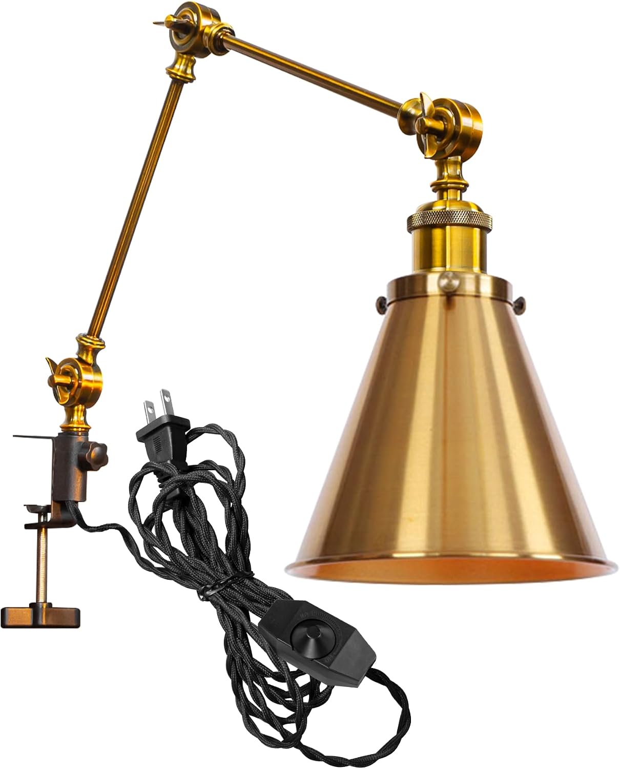 Kiven Dimmable Clamp Lamp, 1-Light Aluminum Nightstand Lamp with Flexible Swing Arm, 8.2FT Plug in Cord, Industrial Decorative Clip-on Desk Lamp for Bookshelf Office Bedside,Gold