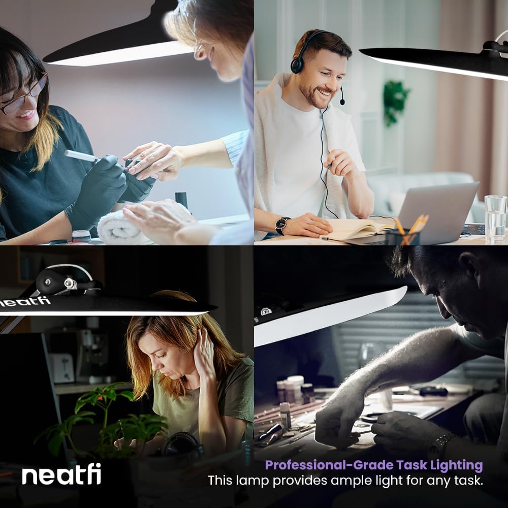 Neatfi XL 2200 Lumens 20W LED Desk Lamp with Clamp – Adjustable Color Temperature | 4-Level Dimmable Light | Home Office, Crafts & Workbench | 20-Inch Wide Head (Black, CCT with Clamp)
