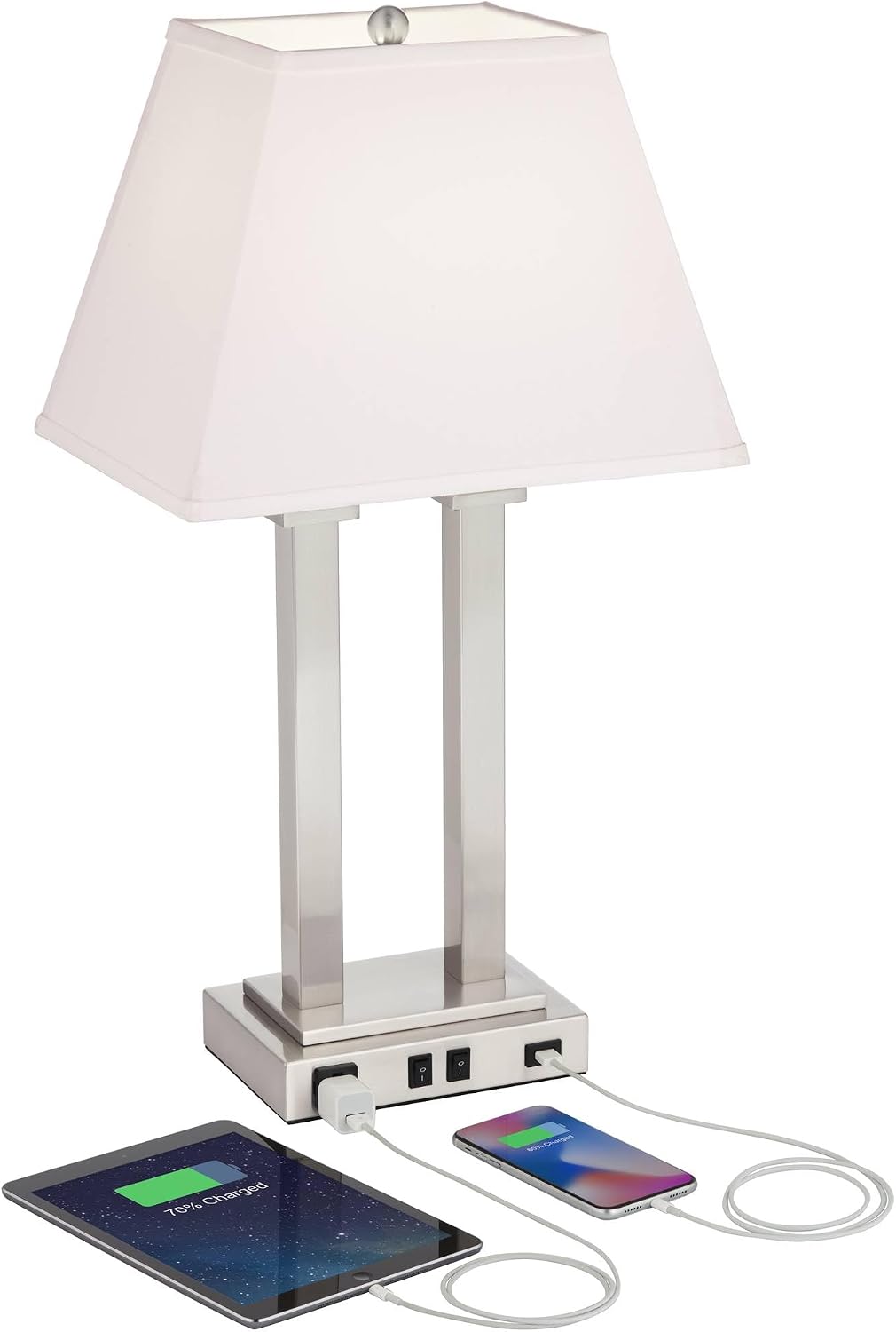 Possini Euro Design Amity Modern Table Lamp 26' High with USB and AC Power Outlet in Base Brushed Nickel White Linen Hardback Shade for Bedroom Living Room House Home Desk Bedside Nightstand Office