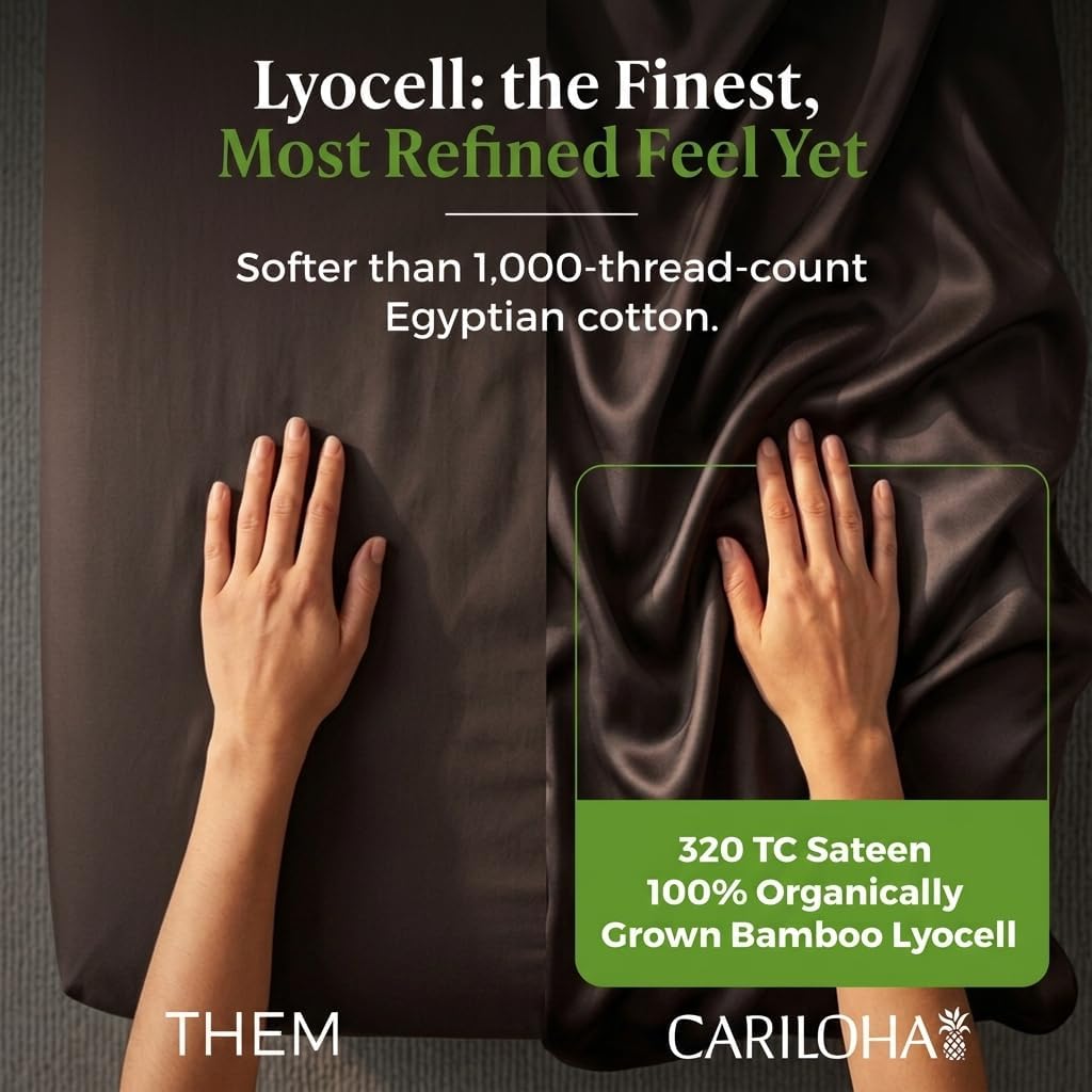 Cariloha Retreat 4-Piece Sateen Sheet Set | Black Sand | Queen | Lyocell Material | Breathable, Corner Straps, Extra Soft & Cooling