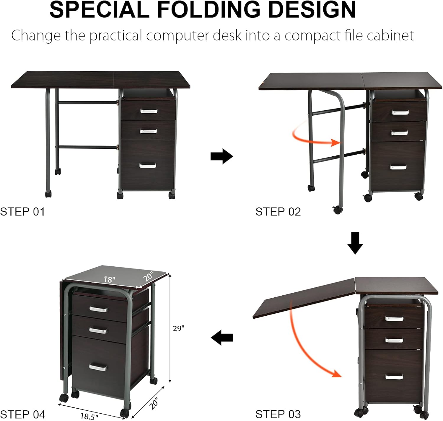 Tangkula Folding Computer Desk with 3 Storage Drawers, Mobile Home Office Desk Study Writing Desk with Smooth Wheels, Space Saving Compact Desk for Dorm Apartment, Rolling Folding Desk Table
