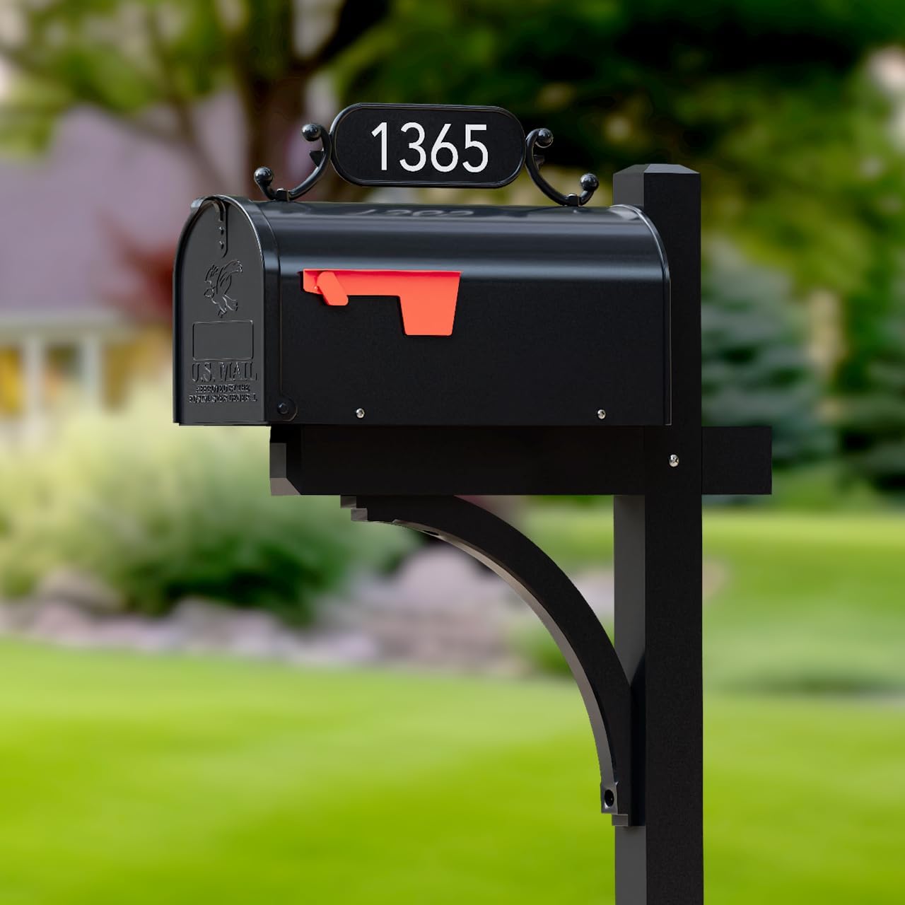 The Glenbrook Deluxe Mailbox and Post - Personalized Complete System with Custom Street Address Plate, Steel Mailbox, and Aluminum Post Included (All Black)