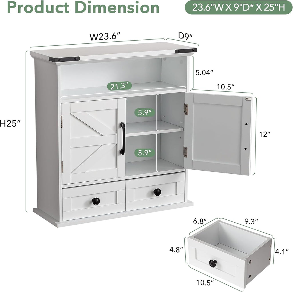 Bathroom Wall Cabinet, 23' x 25' Farmhouse Over The Toilet Storage with Motion LED Light & Safety Drawers, Wooden Medicine Cabinet, Water-Resistant White Organizer (9' Depth)
