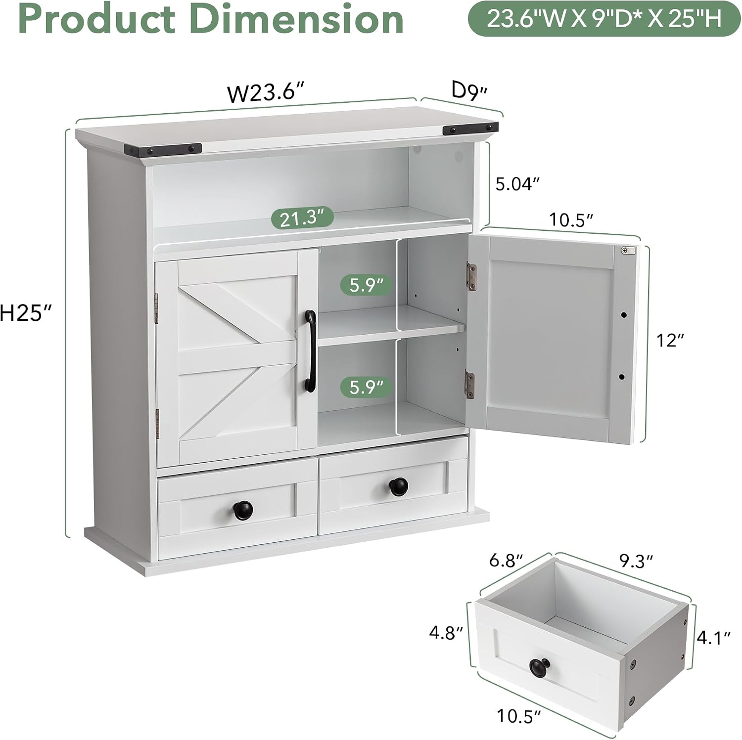 Bathroom Wall Cabinet, 23' x 25' Farmhouse Over The Toilet Storage with Motion LED Light & Safety Drawers, Wooden Medicine Cabinet, Water-Resistant White Organizer (9' Depth)