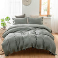 Simple&Opulence 100% Linen Duvet Cover Set 3pcs with Coconut Button Closure Natural French Washed Flax Solid Color Soft Breathable Farmhouse Bedding - Cushing Green, Queen Size
