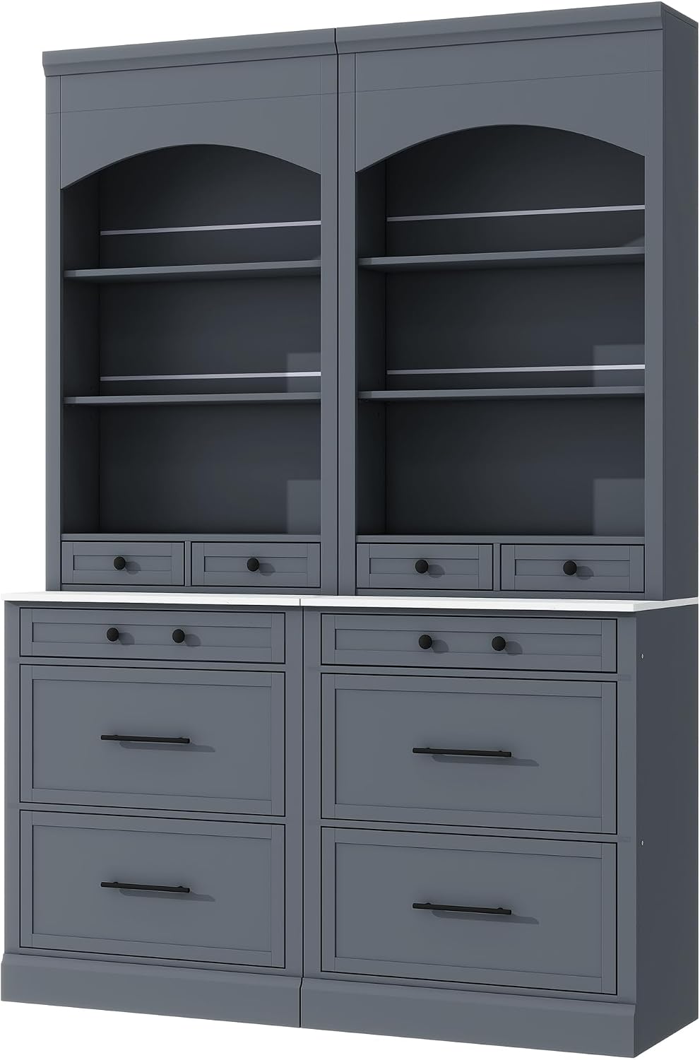 Modern 83.7inch High Kitchen Pantry, Freestanding Tall Kitchen Hutch with Faux Marble Top, Cupboard Cabinet with 5 Storage Drawers and Adjustable Shelf, Wood Storage Cabinet, Set of 2 (Gray-3)