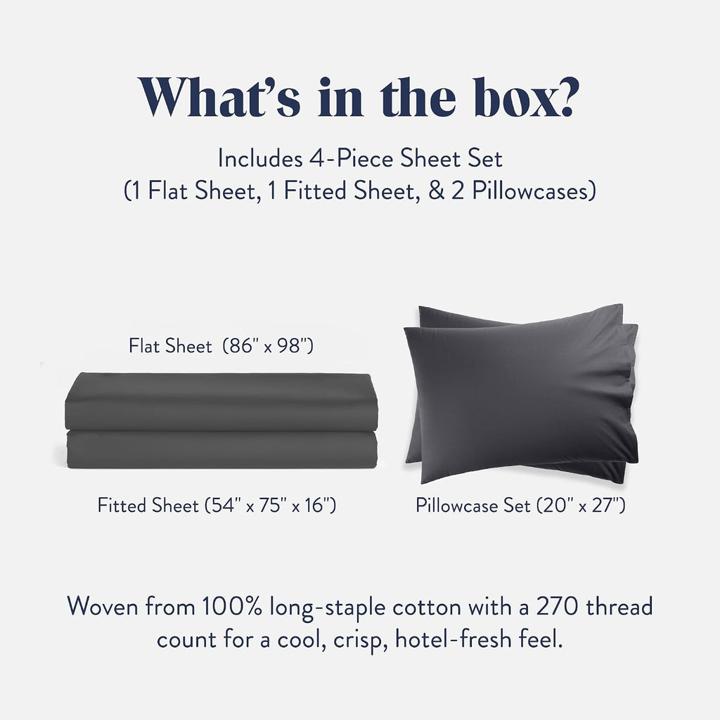 Brooklinen Luxury Percale Sheet Set - 4 Piece 100% Cotton Bed Sheets - 1 Fitted & 1 Flat Sheet, 2 Pillowcases - Cotton Percale Sheets for Hot Sleepers (Full Size, Slate Grey)