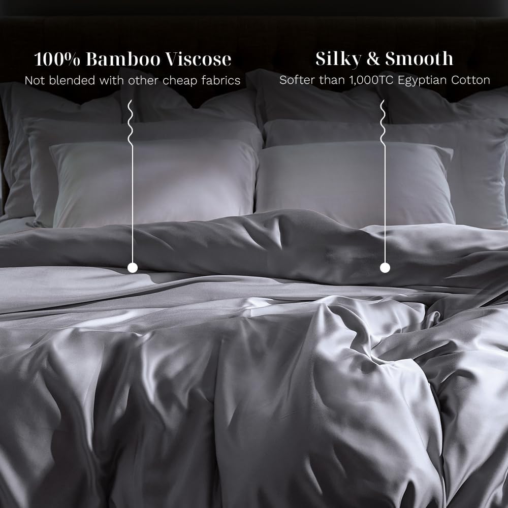 LUXOME Luxury Duvet Cover | Oversized Fit | 100% Viscose from Bamboo | Silky Soft Feel | Thermal-Regulating | 2X Cover Ties | Full/Queen - 90'x98' | Stone