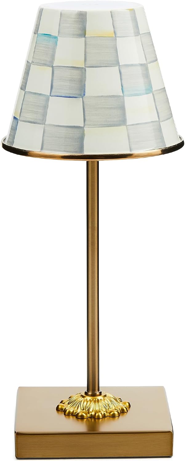 MACKENZIE-CHILDS LED Rechargeable Cafe Table Lamp, Cordless Decorative Lamp, Gray-and-White Sterling Check