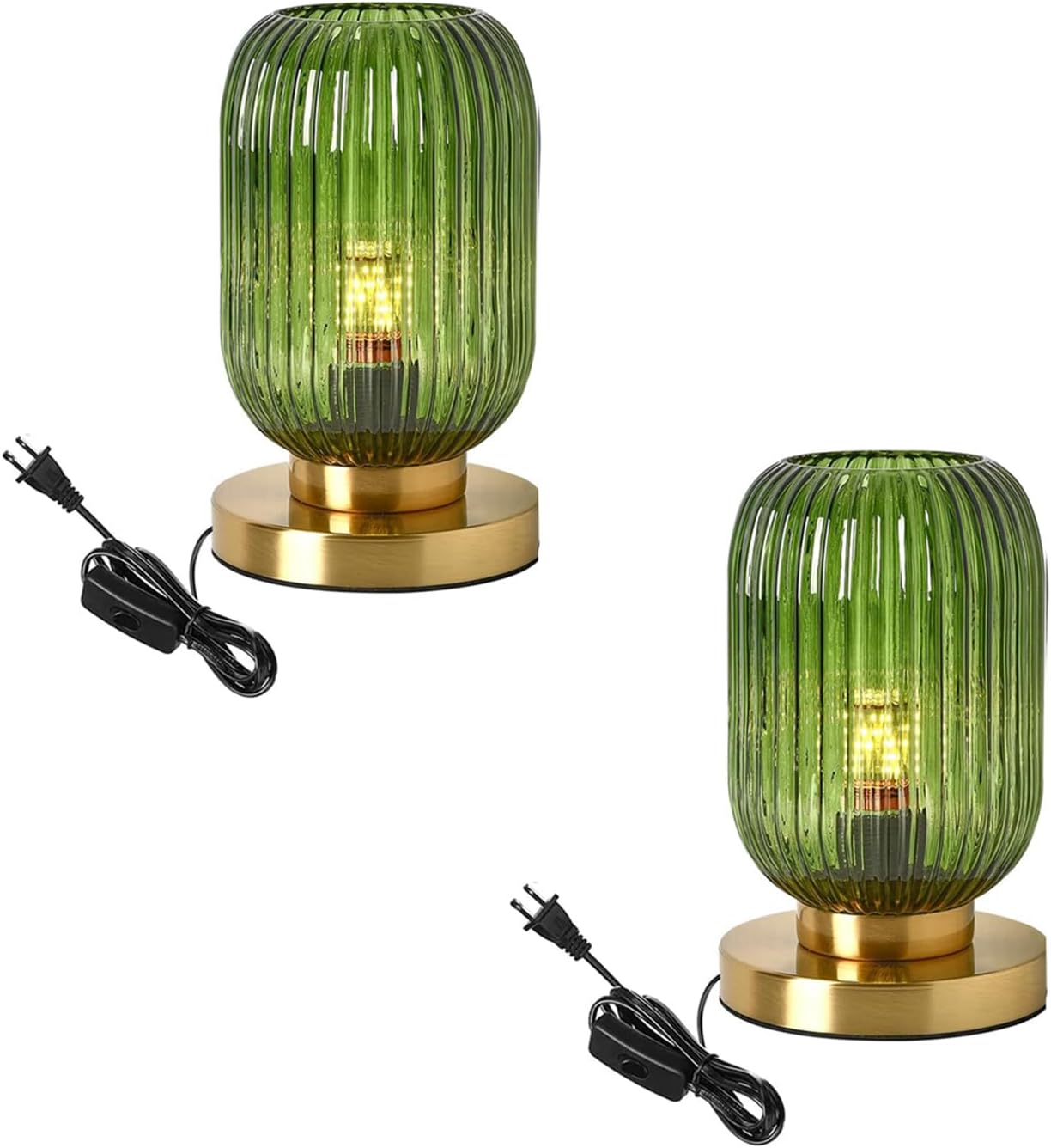 Glass Table Lamp of 2 Mid Century Table Lamps Modern Globe Table lamp Vintage Gold Desk Lamp Nightstand Lamp with Green Ribbed Design Shade for Bedside Bedroom Living Room Offic