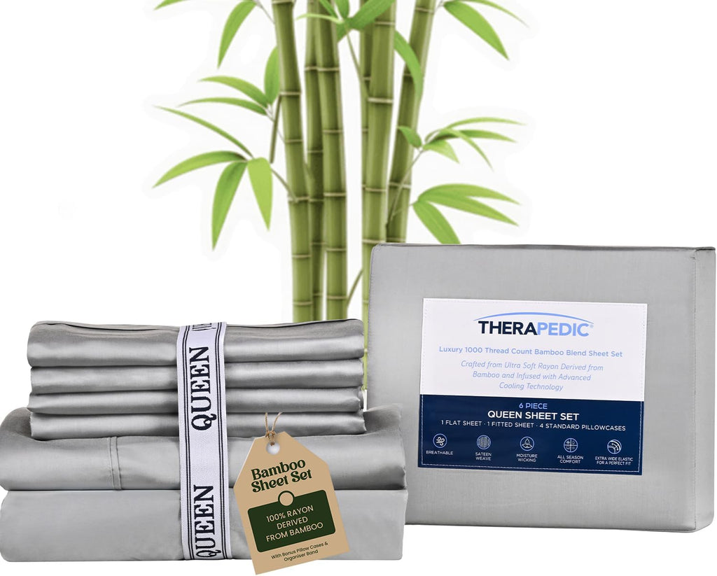 Therapedic 100% Organic Rayon Derived from Bamboo Queen Sheet Set | 1000TC 6-Piece Cooling Sheets Set, 16' Deep Pocket Fitted Sheet, 4 Pillowcases - Dark Grey