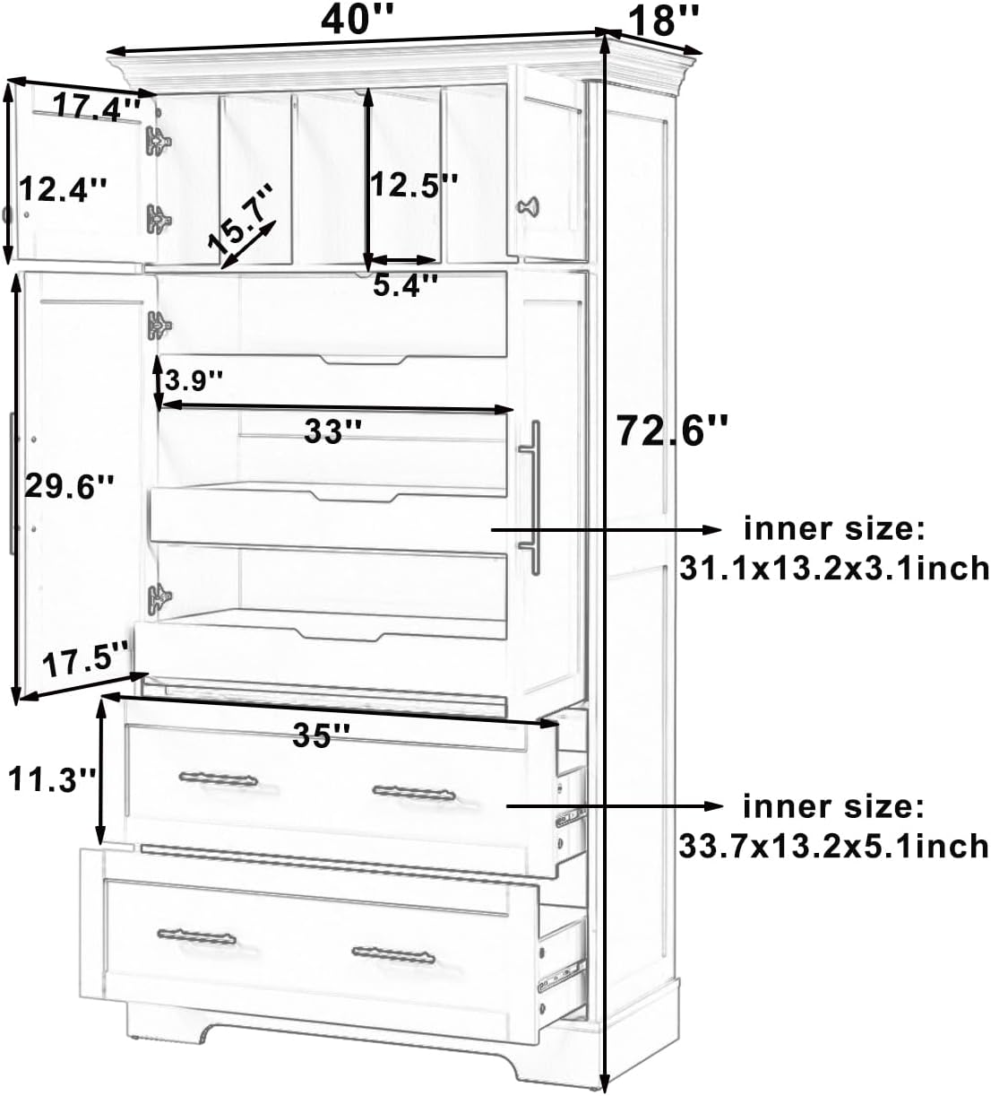 Freestanding Kitchen Pantry Storage Cabinet, 72.6''H Tall Wooden Kitchen Organizers with 2 Doors, Pull-Out Trays, 2 Drawers and Cake Pan Storage for Dining Room Living Room (Blue-1.12)