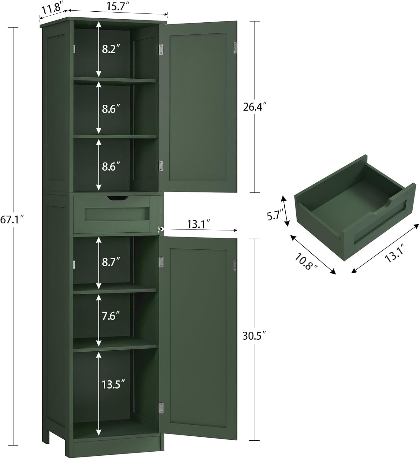 Iwell Tall Bathroom Storage Cabinet with 2 Doors & 1 Drawer, Narrow Storage Cabinet with Adjustable Shelves, for Living Room, Bathroom, Kitchen, Forest Green