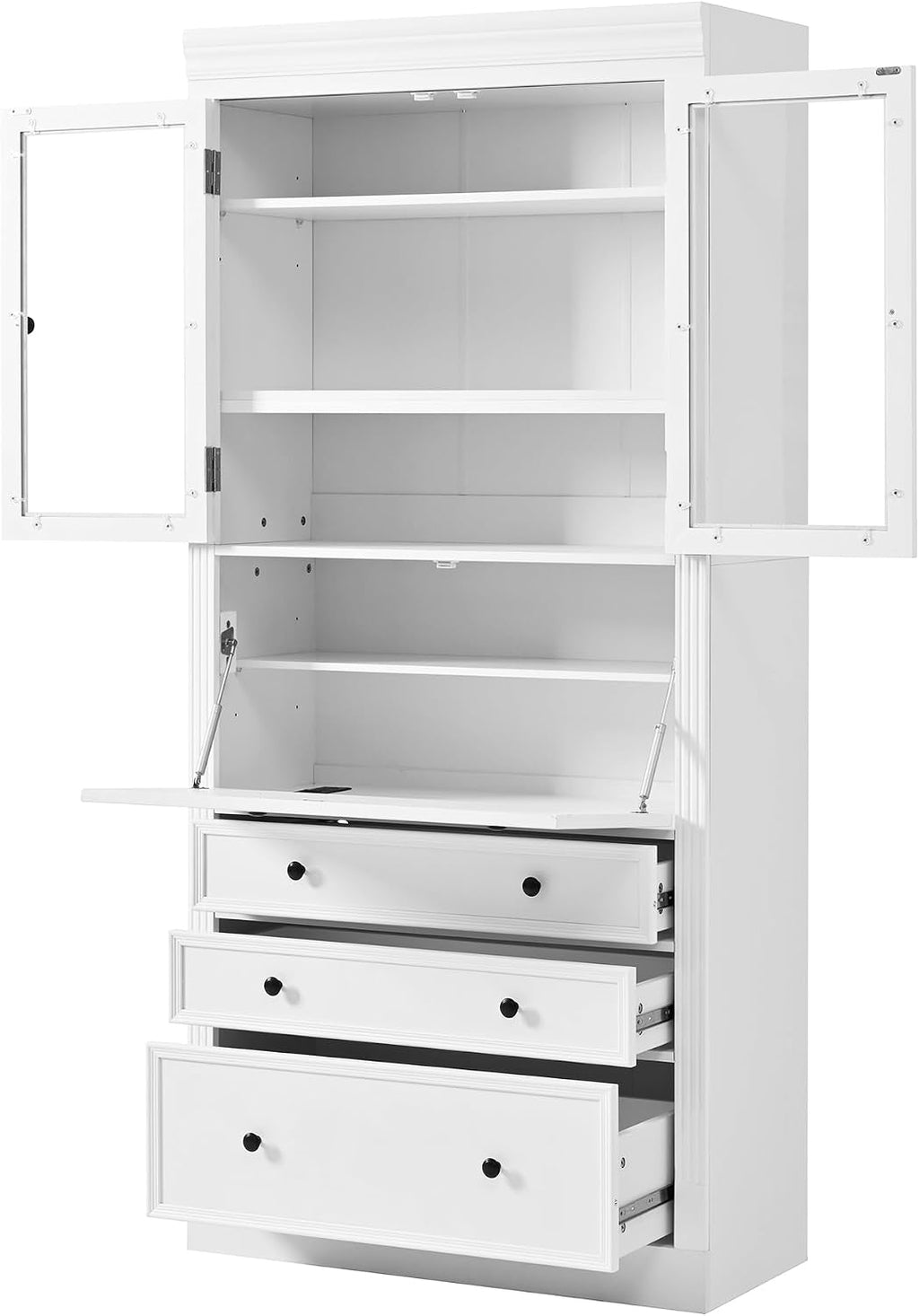 78 inch Tall Kitchen Pantry Cabinet with 3 Drawers and Adjustable Shelves, Wood Storage Cabinet with Drop-Down Surface and Glass Doors for Dining Room and Living Room (White//3)