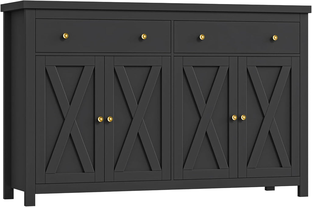 FOTOSOK Sideboard Buffet Cabinet with Storage, 55' Large Kitchen Storage Cabinet with 2 Drawers and 4 Doors, Wood Coffee Bar Buffet Table for Kitchen Dining Room, Black