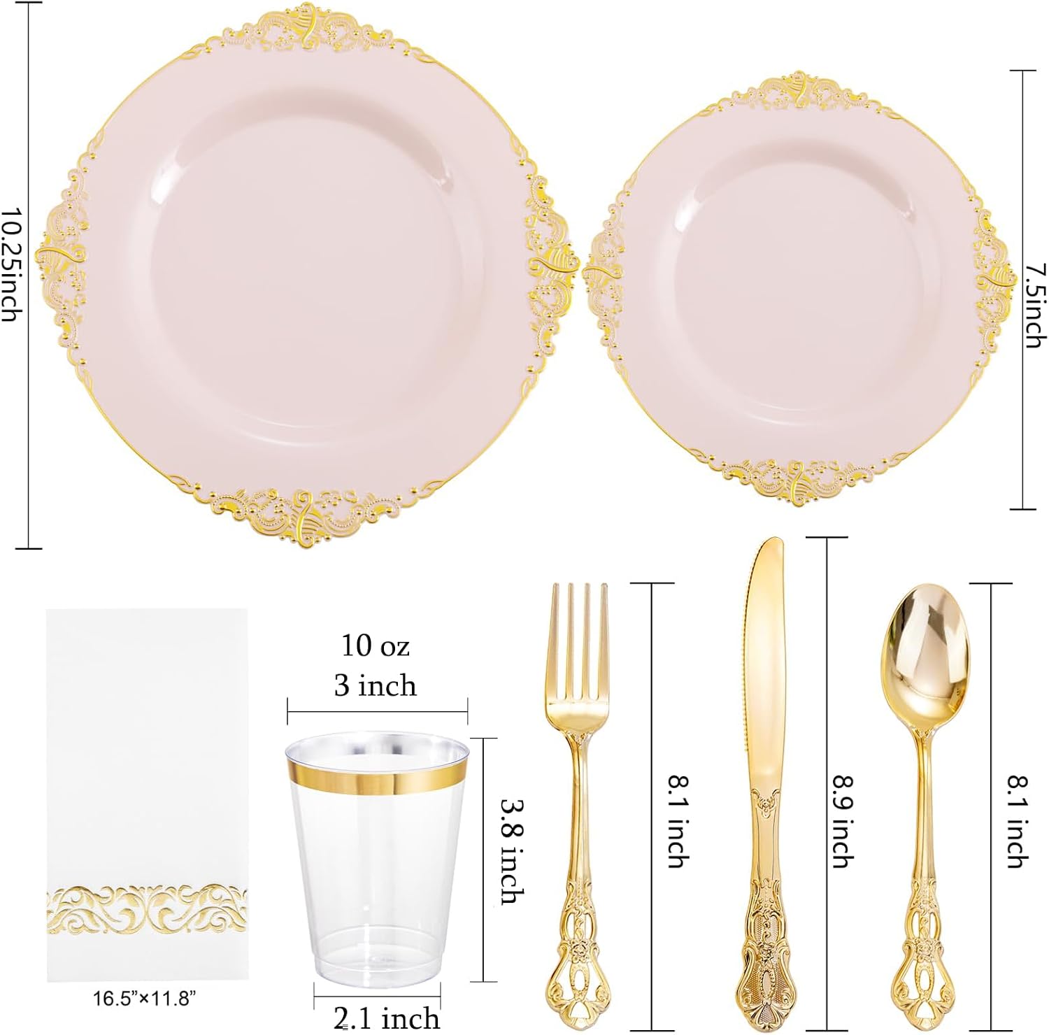 YOUBET 700PCS Pink Plastic Plates - Pink and Gold Plates - Luxury Pinks Dinnerware Set Include 200 Disposable Plates, 300 Heavy Duty Silverware, 100 Cups, 100 Napkins for Wedding Party