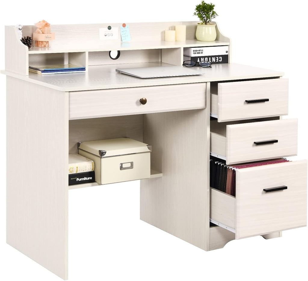 White Home Office Desk with 4 Drawers & Hutch, Computer Table for Bedroom, Off-White